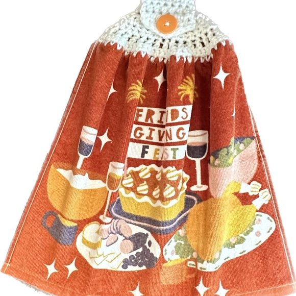 Kitchen Towel With Crochet Top/ Friends Giving Feast - Picture 2 of 2